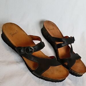 Think! Pebbled Black Leather Cork Sandals